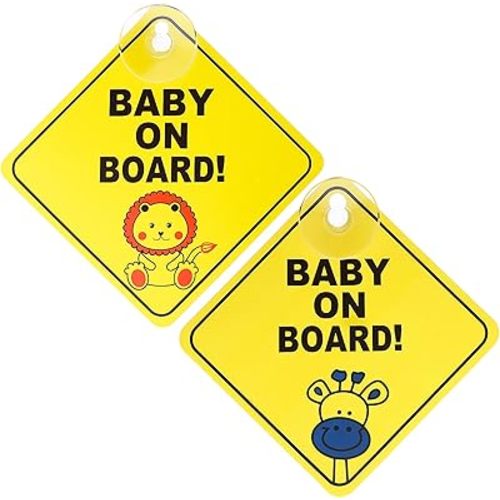 2 pcs Baby on Board Car Warning, Baby on Board Sticker Sign for Warning with Suction Cups, Child in Car Sticker for Window Cling Reusable Toddler on Board Stickers Decal (Giraffe + Lion)