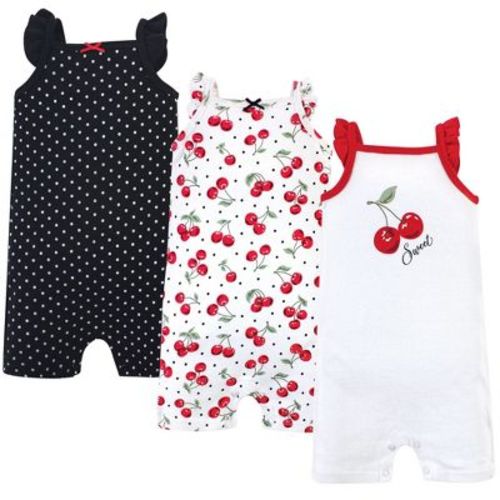 Hudson Baby Infant Girls Cotton Rompers 3pk, Cherries, 0-3 Months