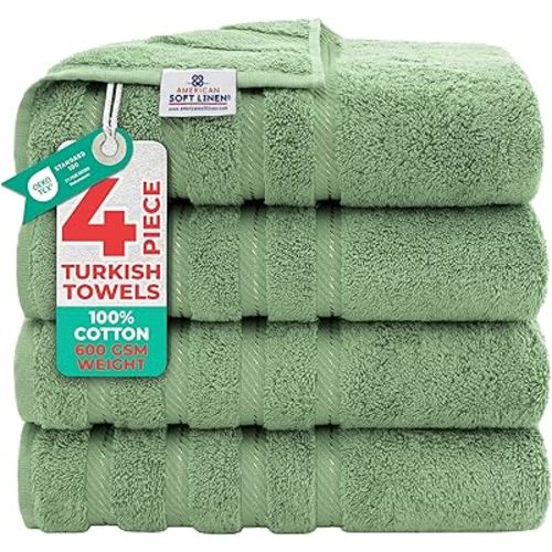 American Soft Linen Luxury 4 Piece Bath Towel Set, 600 GSM 100% Cotton Turkish Bath Towels for Bathroom, 27x54 in Large Bathroom Shower Towels, Sage Green