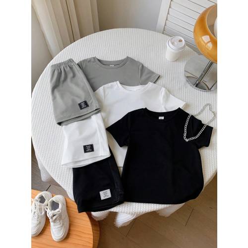 SHEIN 6pcs/Set Baby Boys/Girls Cute Solid Color Letter Print Short Sleeve T-Shirt And Elastic Waist Shorts Spring/Summer Basic Mixed Set Boy Casual Sets