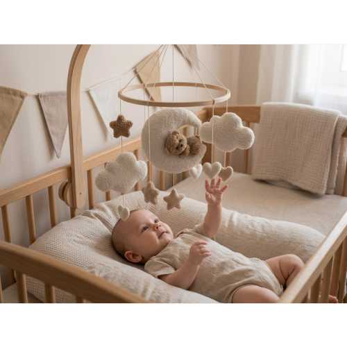 Bouclé Nursery Night Light Set: Teddy Bear, Moon, Stars - Handmade Kids Room Decor, Stars baby crib mobile, Clouds mobile, Nursery Mobile