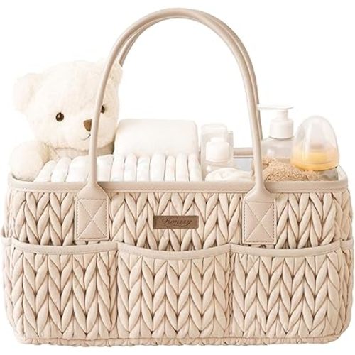 Konssy Braided Quilted Diaper Caddy Organizer, Boho Nursery Storage Basket with PU Leather Handles, Water-Repellent Portable Diaper Basket for Changing Table, Newborn Essentials (Beige)