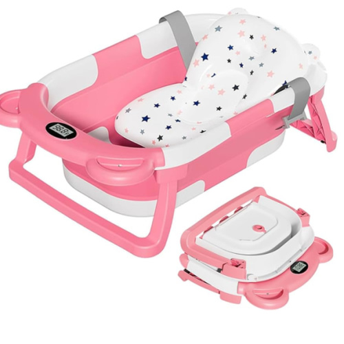 TPN Collapsible Baby Bathtub, Baby Bath Tub with Soft Cushion & Real-Time Thermometer, Baby Bathtub Infant to Toddler Tub (0-36 Months), Portable Travel Baby Tubs for Newborns (Pink)