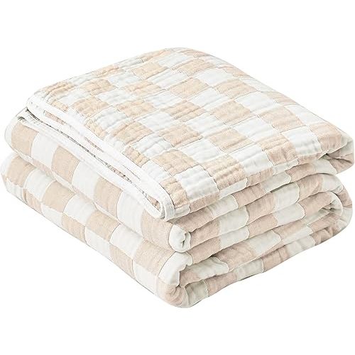 SANACYNA 100% Cotton Muslin Blanket 6-Layer Gauze Cream Grid Throw Blanket Lightweight Soft and Breathable Blanket for Sofa Couch Bed Coverlet Both Sides (Cream, Throw 50"x60")