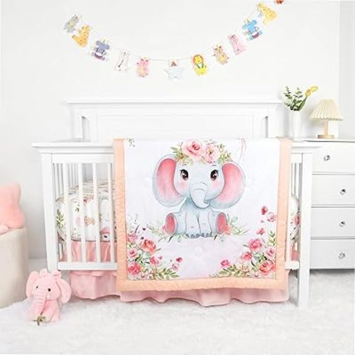 Baby Crib Bedding Set for Girls, Soft Bedding Set with Comfort, Crib Skrit, Crib Sheet, Infant & Toddler Nursery Bed Set, Elephants