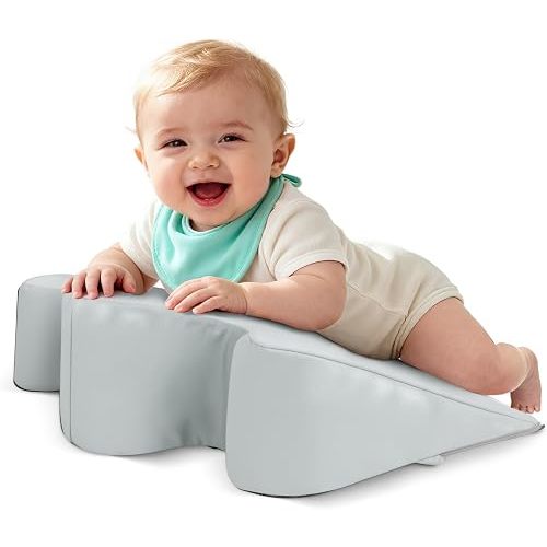 EKEPE 2026 Upgraded Nursing Reflux Prop with Leather Cover for Baby Gas, Colic Relief & Burp, Memory Foam Tummy Time Prop for Infant 0-12 Months Feeding, Neck, Shoulder and Body Support - Grey