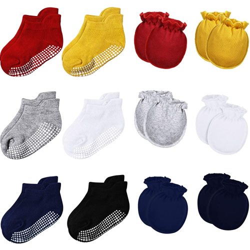 12 Pairs Newborn Baby Mittens and Socks Set Baby Mittens No Scratch Gloves with Non Slip Socks Baby Ankle Socks