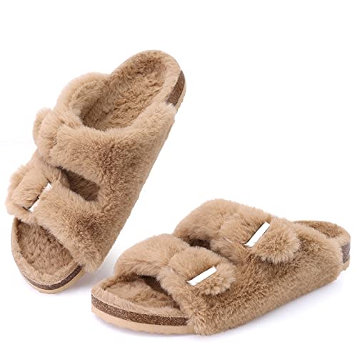 KIDMI Fuzzy Slippers Women with Cork Footbed Fluffy Slide Sandals Open Toe Indoor House Shoes | Arch Support | Adjustable Buckles