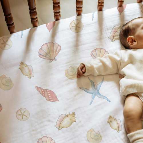 Seashell Crib Sheet Personalized Crib Bedding Girl Boho Nursery Decor Coastal Theme Nursery Ocean Baby Shower Gift Mermaid Bedding Baby Girl