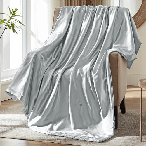 MILVOWOC Light Grey Satin Throw Blanket, 50 x 60 Inches | Cooling, Packable, Lightweight, Soft & Cozy Silky, For Couch Sofa Bed Outdoor Travel