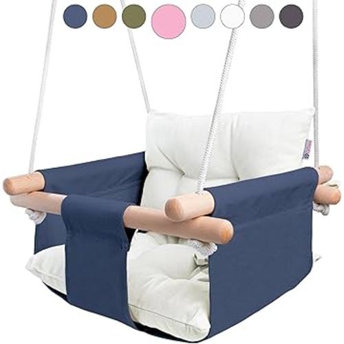 CaTeam - Canvas Baby Swing, Wooden Hanging Swing Seat Chair with Safety Belt, Durable Baby Swing Chair, Outdoor and Indoor Swing for Kids, Mounting Hardware Included, Blue
