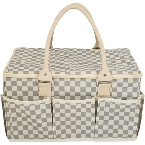 Baby Diaper Caddy Organizer with Lid – Large Checkered Nursery Basket, Portable Storage for Car, Picnic & Home – Stylish, Durable Handles – Mom Loved Nursery Organizer (Cream Gray)