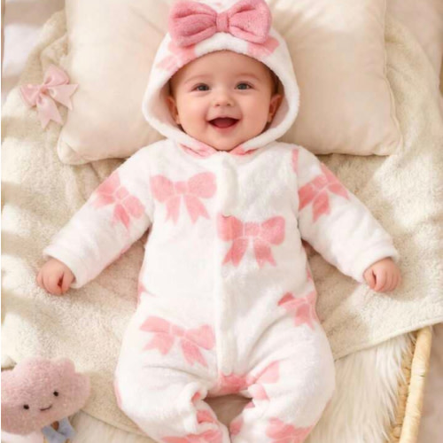 SHEIN Newborn Baby Hooded Jumpsuit, Cute Pink Bow Print Flannel Soft & Skin-Friendly Infant Jumpsuit | SHEIN USA