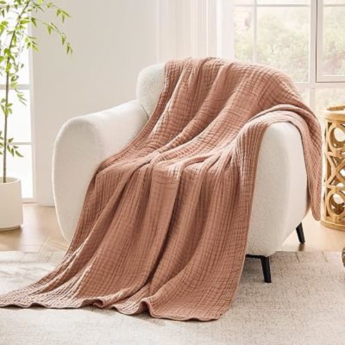 9-Layer Muslin Throw Blanket 50" x 70" Coffee, 100% Cotton Organic Breathable Lightweight Large Throw for Couch Bed Quilt and Bedspread - All Season Muslin Soft Gauze Blanket