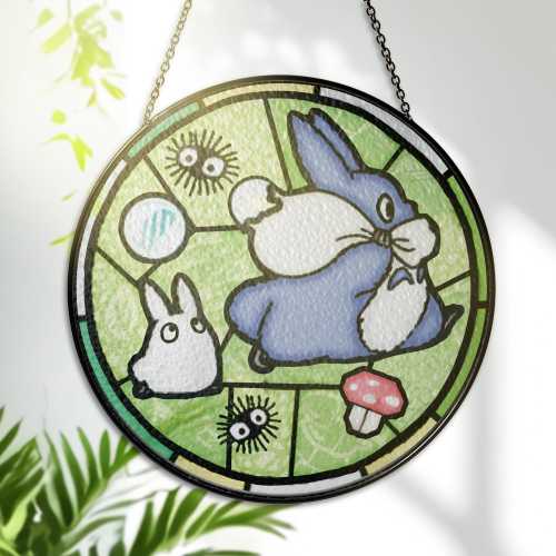 Totoro Stained Glass Suncatcher – Ghibli Studio Handmade Glass Art – Anime Window Hanging Decor – Glass Painting Gift for Anime Lovers