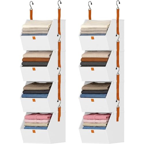 DIMJ Hanging Closet Organizer - 4 Tier Collapsible Hanging Shelves with Hooks Zipper, Fabric Clothes Organizer, Space-Saving Storage Bin Basket for RV, Bedroom, Laundry Organization