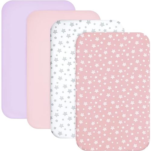 Mini Crib Sheets Fitted 4 Pack for Girls (38" X 24"), Compatible with Dream on Me, Delta Porta Crib and Arms Reach Ideal Cosleeper, Pink