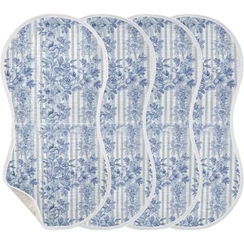 Muslin Baby Burp Cloths Set of 4, Soft Absorbent Blue Toile Watercolor Cotton Burping Cloth, Milk Spit Up Rags for Newborn Unisex, 22 x 11 Inch