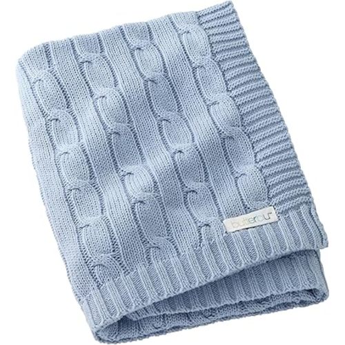 Butterblu Sparrow Sweater Knit Receiving Baby Blanket 100% Organic Cotton Nursery Blanket for Newborn Girls, Boys, Blue, One Size