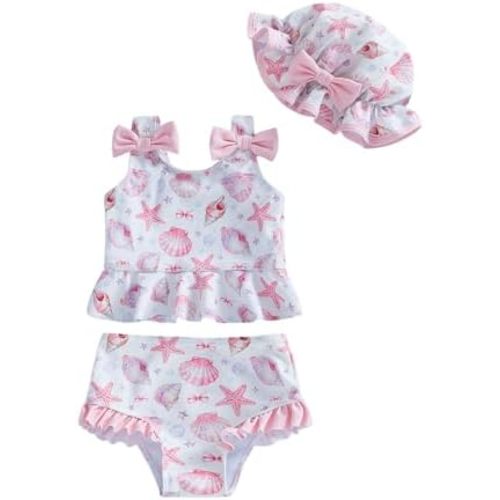 Infant Baby Girl Swimsuit Toddler Bathing Suit Sleeveless Bikini Top Ruffle Shorts with Hat Beach Swimwear