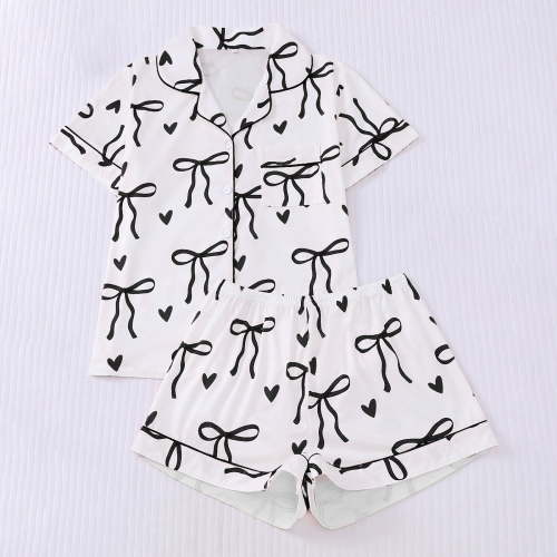FASHOFT Womens Pajamas Set Cute Bow Graphic Button Down 2 Piece Pjs Shorts Set Ruffle Notch Collar Sleepwear Black L