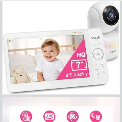 VTech 7" Baby Monitor with IPS Screen, Pan Tilt Zoom Camera, No WiFi Video Baby Monitor with Camera and Audio, Multi-Color Night Light, 2-Way Talk, Lullabies, Advanced HQ Max