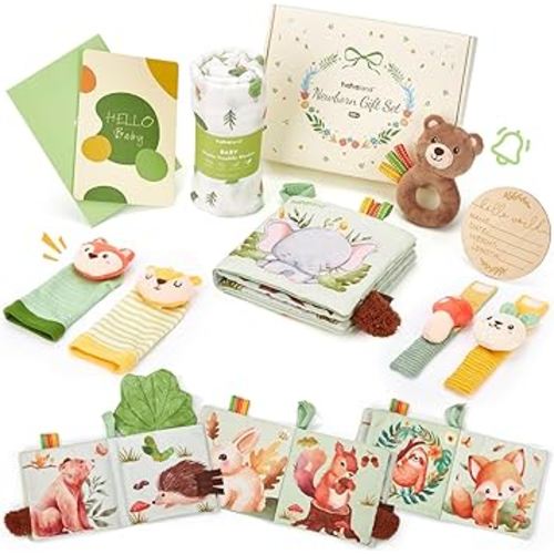 hahaland Baby Newborn Shower Gifts for Boys & Girls with Swaddle Blanket, Rattle Socks and Wristband Set, Plush Rattle, Soft Baby Crinckle Book, Wooden Milestone Card, 0 3 6 12 Months Baby Sensory Toy