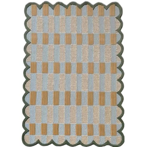 Matilda Goad Plaid Scallop Wool Hand Tufted Area Rug, Luxurious Designer, Anro Irregular Cozy Soft Area Rug for Bedroom, Living Room or Hallway| Handmade Modern Accent Rug (Light Blue, 4x6)