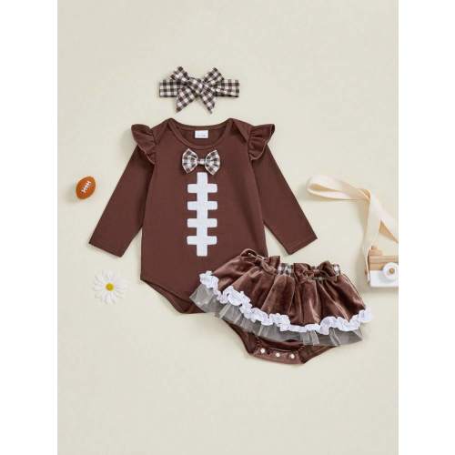 Newborn Baby Girl Football Outfit Football Embroidery Long Sleeve Romper Velvet Skorts Bow Headband 3 Pcs Set Newborn Girl Fall Game Day Clothes Soft Breathable Baby Cute Clothes | SHEIN USA