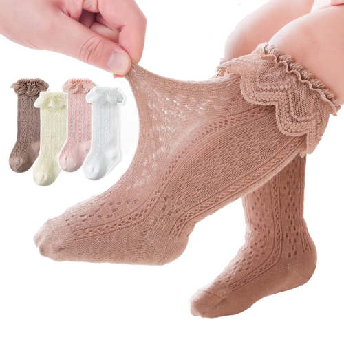 LYMAYTER 4 Pack ‌Toddler Knee High Socks Baby Girls Long Tube Mesh Socks Frilly Ruffle Dress Socks 0-3Y