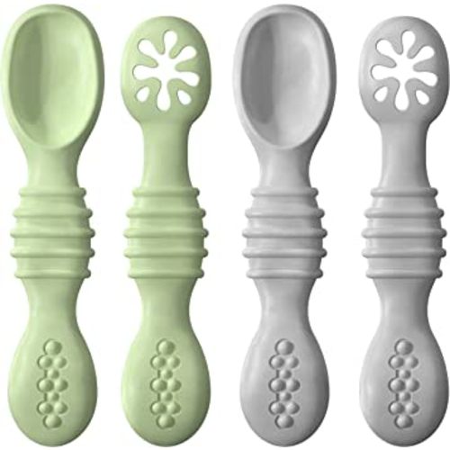 4 Pack Baby Silicone Spoons, First + Second Stage Spoons, Baby Feeding Spoons, BPA Free Self Feeding Baby Spoons, Baby & Toddler Utensil, o1baby (Grey, Green)