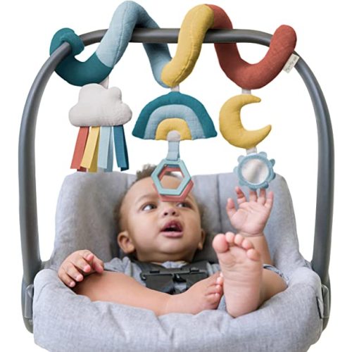 Itzy Ritzy Spiral Car Seat & Stroller Activity Toy - Stroller & Car Seat Toys for Ages 0 Months and Up - Hanging Toys Include Clinking Rings, Mirror and Textured Ribbons (Rainbow)