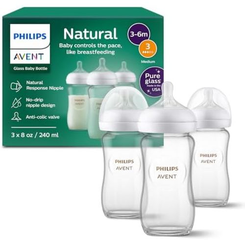Philips Avent Natural Glass Baby Bottles, Medium Flow, 8 oz, BPA-Free