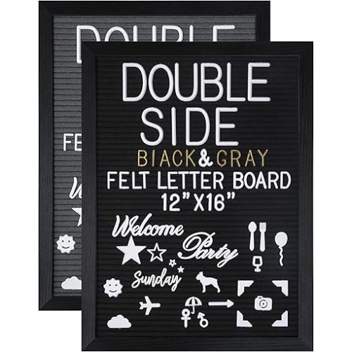 Double Sided Felt Letter Board 12”x16”with Black Wood Grain Frame,1032 White&Gold Letters,Symbols,Emojis,Script Cursive Words&Photo clips,Sign board&Message Board with Stand，Scissor&Canvas Bags