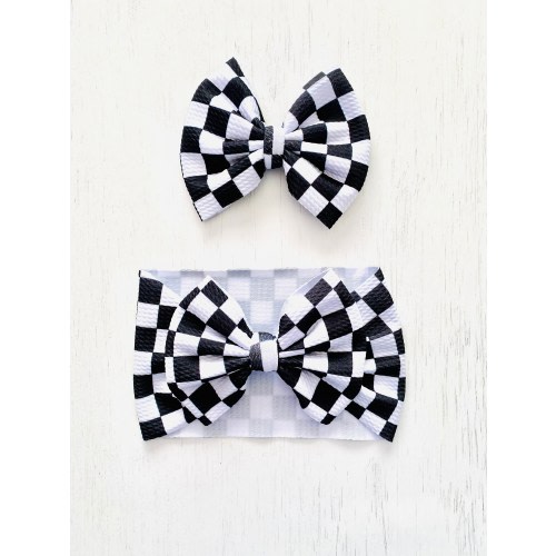 Checkered Bow: Nylon headband, Headwrap, Piggies or Clip Bow