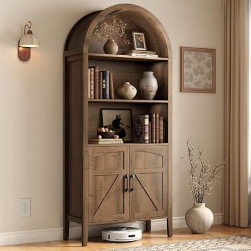 71" Arched Display Bookshelf, 5-Tier Bookcase W/Door, Rustic Brown