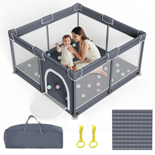 Grobeybees Baby Playpen with Mat, Playpen for Babies and Toddlers, Large Baby Play Pen with Pad, Playard with Bag, Indoor & Outdoor Play Pen, Sturdy Safety Play Yard with Soft Breathable Mesh (Grey)