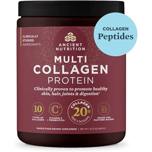 Ancient Nutrition Collagen Peptides Powder, Multi Collagen Protein, Women & Men, Vitamin C, Probiotics, Hydrolyzed Collagen, Supports Skin, Joints, Gut Health, Unflavored, 40 Servings