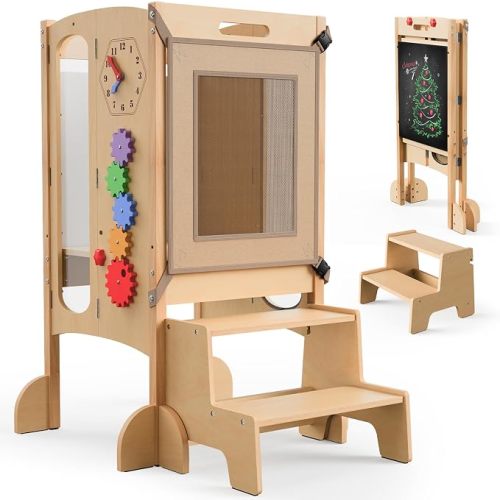 Toddler Tower- Foldable Wooden Kitchen Stool Helper with Safety Net, Anti-Tip Base, Detachable Step, Chalkboard & Whiteboard, 150lb Capacity, Montessori Gift for Kids 18M-5Y