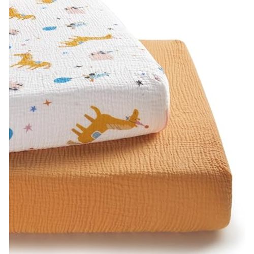 TILLYOU 2 Pack Muslin Crib Sheets for Boys and Girls, 100% Cotton Fitted Crib Sheet for Toddler 52x28 Standard Crib Mattress, Circus Carnival