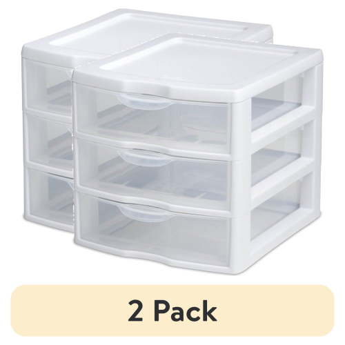 (2 pack) Sterilite Small 3 Drawer Unit, Clear Plastic Countertop or Desktop Drawers, White