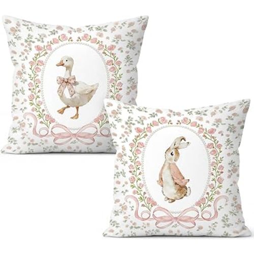 Bunny Nursery Decor Pillow Covers 18x18 Set of 2, Pink Floral Rabbit Baby Girl Room Decorative Pillowcases for Toddler Little Girls Nursery Bedroom Playroom Kids Crib Couch Sofa Decor