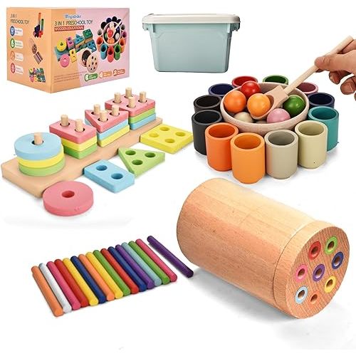 Montessori Toys for 1-3 Year,3 in 1 Wooden Learning Fine Motor Skills Toys Rainbow Color Sorting Toy for Toddlers - Preschool Color Matching, Educational Color Recognition ShapeSorter Boys Girls Gifts