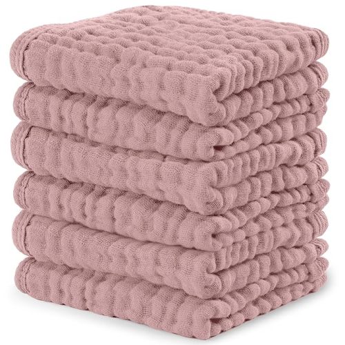 Comfy Cubs Muslin Baby Washcloths 6 Pack - Soft 6-Layer Cotton Wash Cloths for Sensitive Skin - 10"x10" Large, Gentle, Absorbent Infant Essentials for Newborn and Toddlers - Mauve
