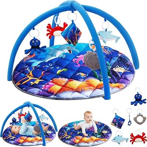 Yeeeasy Ocean Theme Baby Play Gym Mat, Tummy Time Activity Mat with 5 Detachable Marine Toys, Sensory & Motor Skill Development for 0 3 6 9 12 Month Baby and Newborns, Vibrant Deep Blue