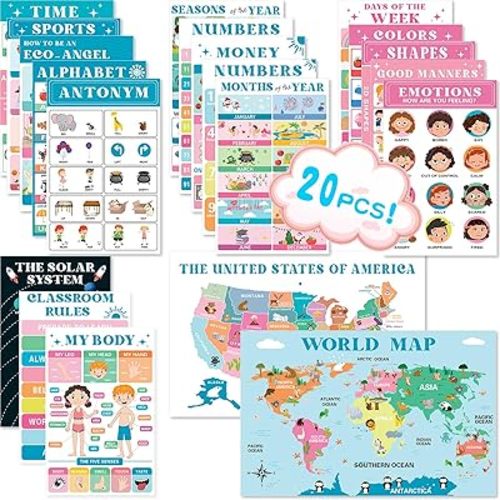 OpalPlat 20 Laminated Educational Posters for Toddlers 1-3, Preschool Classroom Posters, Kindergarten & PreK Learning Materials, Alphabet Number Chart Wall Decor