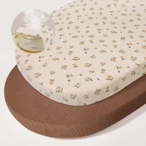 Basumee Muslin Bassinet Sheets for Baby Girl Boy 2 Pack Soft Breathable Baby Bedside Bassinet Fitted Sheets with Bottom Elastic Band 33''x17''x4'' Mattress Cover for Rectangle Oval Hourglass Bassinets