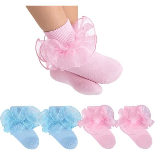 Baby Girls Ruffle Socks 2-Layer Lace Frilly Turn Cuff Fancy Dress Socks for Preemie Newborn Infant Toddler Girl Kids