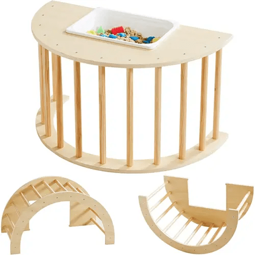 Beright Mesa sensorial de arco de escalada 3 en 1 para niños, gimnasio de escalada Montessori, juguete de madera con cubo de almacenamiento plegable, juego de aprendizaje