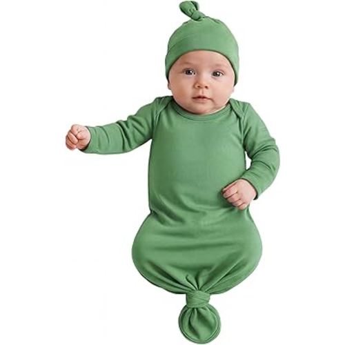 Newborn Knotted Baby Gown 0-6 Months, Super Soft Breathable Nightgowns for Babies Girl and Boy, Baby Girls Coming Home Hospital Outfit with Hat Set Green